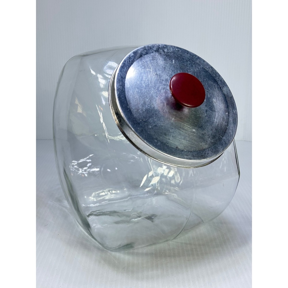 Vintage Clear Glass Penny Candy Jar Slant Front Metal Lid Red Knob 9.5 Inch